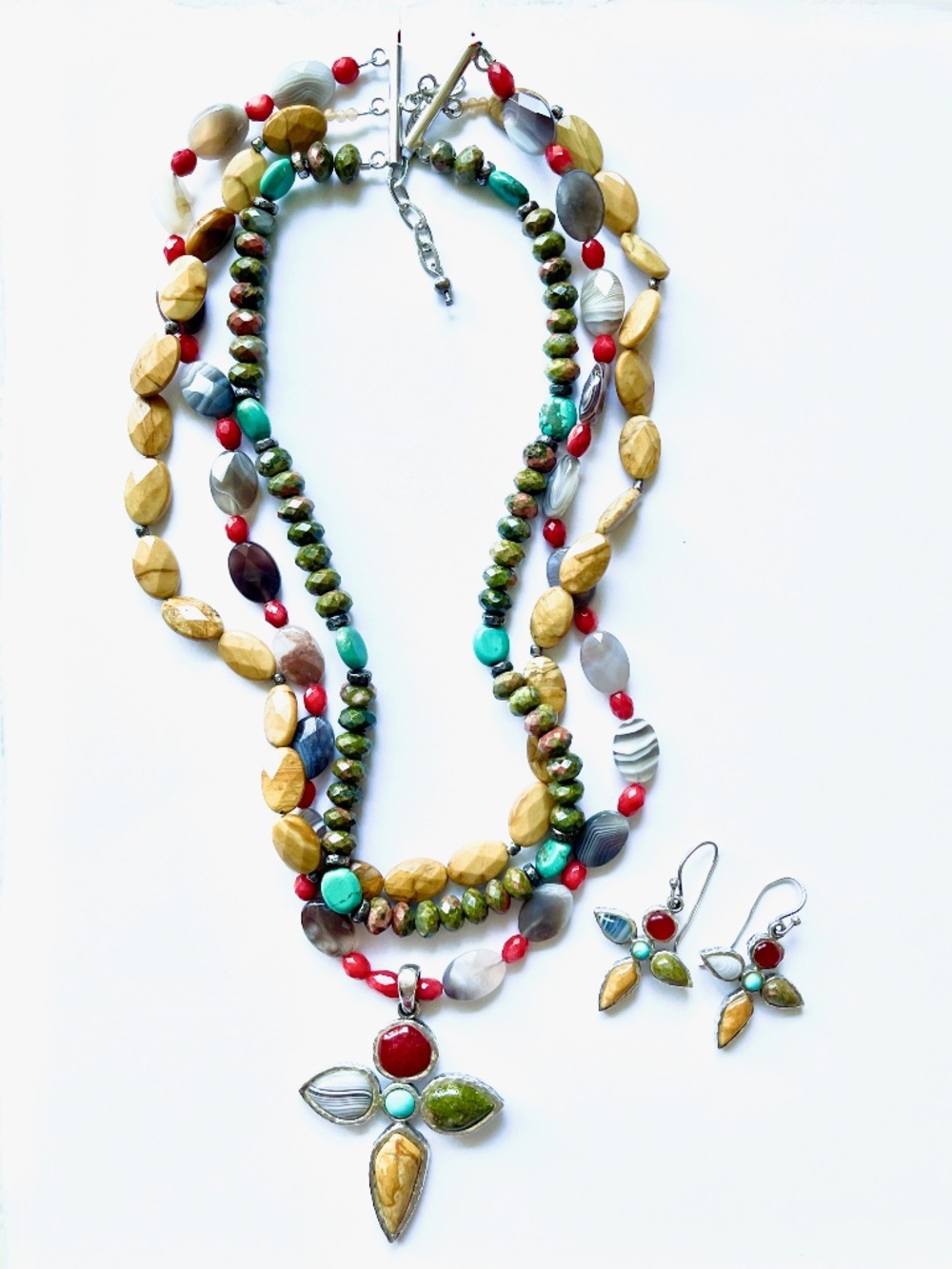 VINTAGE BARSE 925 Sterling Silver MULTI STRAND GEMSTONE Cross Necklace Earrings